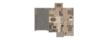 A floor plan of a house with a garage, two bedrooms, a living area, a dining room, a kitchen, a bathroom, a front porch, and a storage area.
