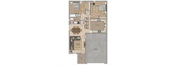 A floor plan of a house with a garage, living room, dining room, kitchen, and two bedrooms.