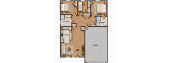 A floor plan of a house with labeled rooms including three bedrooms, two bathrooms, a kitchen, a living room, and a garage.