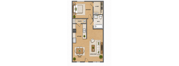 A floor plan of a small apartment with a bedroom, living room, kitchen, and bathroom.