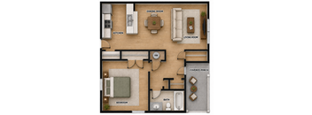 A floor plan of a house with a kitchen, dining room, living room, bedroom, bathroom, and covered porch.