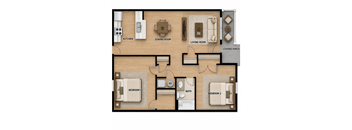 A floor plan of a house with two bedrooms, a living room, a dining room, a kitchen, a bathroom, and a covered porch.