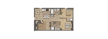 A floor plan of a house with two bedrooms, a living room, a kitchen, and two bathrooms.