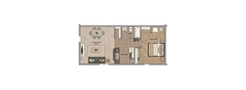 A floor plan of a house with a living room, dining room, kitchen, bathroom and bedroom.