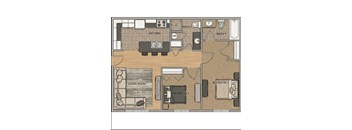 A floor plan of a small apartment with two bedrooms, a living room, a kitchen, and two bathrooms.