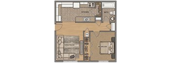 A floor plan of a house showing a living room, kitchen, pantry, bathroom, and bedroom.