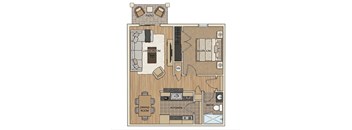 A floor plan of a house with a living room, dining room, kitchen, bathroom, and bedroom.