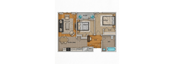 A floor plan of a house with a living room, kitchen, two bedrooms, a bathroom, and a foyer.