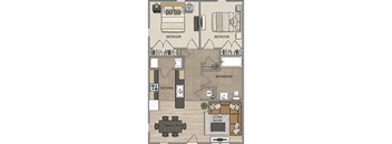 A floor plan of a house with two bedrooms, a living room, a dining room, a kitchen, and a bathroom.