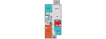 A floor plan of a house with a garage, two bedrooms, a living room, a dining room, a kitchen, a bathroom, a utility room, and a patio.