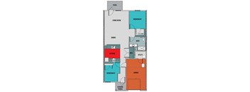 A floor plan of a house with a living room, dining area, kitchen, two bedrooms, bathroom, utility, garage, and covered porch.
