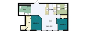 A floor plan of a house with two bedrooms, a living room, a kitchen, a laundry room, a bathroom, and a workshop.