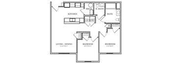 A floor plan of a home with a living room, dining room, kitchen, and three bedrooms.