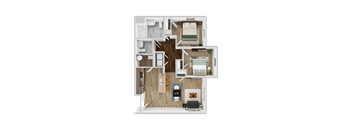 A top-down view of a house layout with a living room, kitchen, dining area, and bedrooms.