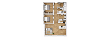A top-down view of a modern apartment layout with a living room, kitchen, and bedrooms.