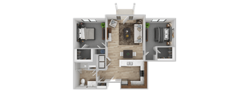 A top-down view of a two-story apartment with a living room, kitchen, dining area, and bedrooms.