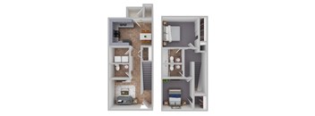 A floor plan of a two-bedroom apartment with a kitchen, living room, and bathroom.