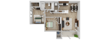 A top-down view of a small apartment with a kitchen, living room, and bedroom.