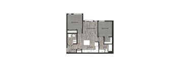 A floor plan of a house with two bedrooms, a living/dining area, a kitchen, a bathroom, a wardrobe, and an entry.