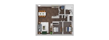A 3D floor plan of a small apartment with a kitchen, living room, and bathroom.