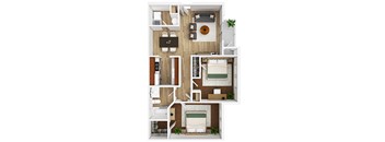 A 3D floor plan of a small apartment with two bedrooms and a living area.