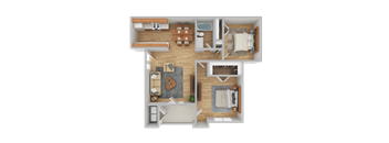 A top-down view of a house layout with a kitchen, living room, dining area, and bedrooms.