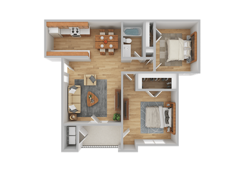 A top-down view of a house layout with a kitchen, living room, dining area, and bedrooms.