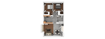 A 3D floor plan of a house with two bedrooms, a living room, a kitchen, and a bathroom.