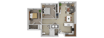A top-down view of a small apartment layout with a kitchen, living room, and bathroom.