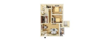 A floor plan of a small apartment with a kitchen, living room, and bedroom.