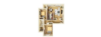 A 3D floor plan of a small apartment with a kitchen, living room, and two bedrooms.