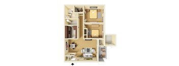 A 3D floor plan of a small apartment with a kitchen, living room, and bathroom.