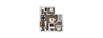 A 3D floor plan of a small apartment with a kitchen, living room, and bathroom.