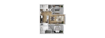 A top-down view of a small apartment with a kitchen, living room, and bathroom.