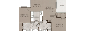 A floor plan of a house with a dining area, living room, kitchen, and two bedrooms.
