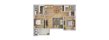 A top-down view of a house layout with a living room, kitchen, dining area, and two bedrooms.