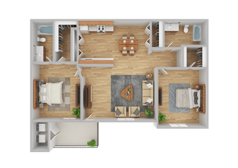 A top-down view of a house layout with a living room, kitchen, dining area, and two bedrooms.