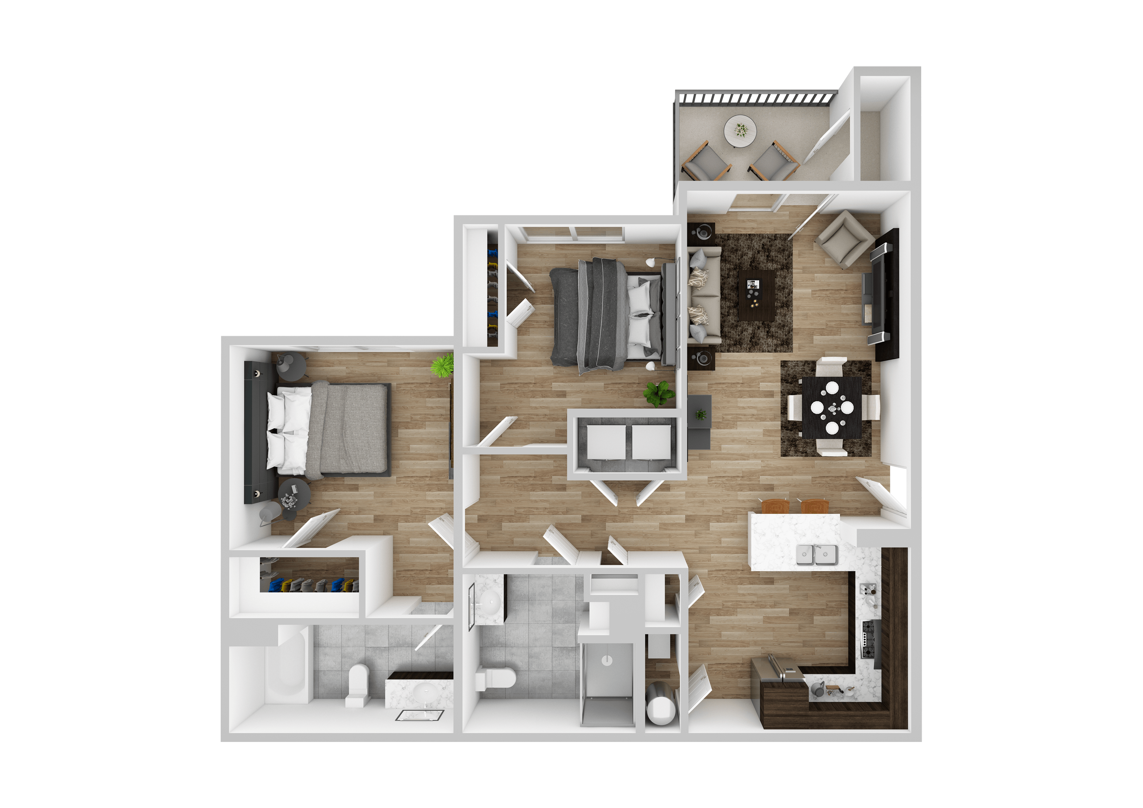 A 3D floor plan of a house layout.