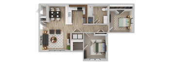 A top-down view of a house layout with a living room, dining area, kitchen, and bedrooms.