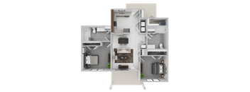 A 3D floor plan of a small apartment with a kitchen, living room, and bathroom.