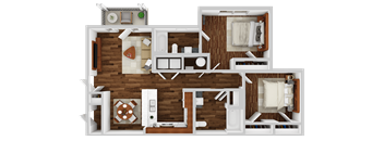 A top-down view of a house layout with a living room, kitchen, dining area, and two bedrooms.