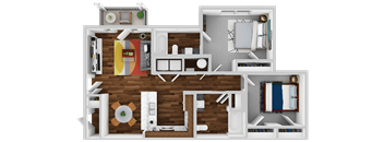 A 3D floor plan of a house with a kitchen, living room, and bedrooms.