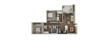 A 3D floor plan of a house showing a living room, kitchen, and two bedrooms.