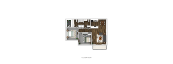 A floor plan of a house with a living room, kitchen, and two bedrooms.