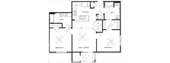 A floor plan of a house with two bedrooms, a living/dining area, a kitchen, and two bathrooms.