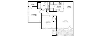 A floor plan of a house with two bedrooms, a kitchen, a dining area, a closet, and a storage area.