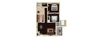 A floor plan of a small apartment with a bedroom, living room, and kitchen.