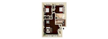 A 3D floor plan of a house with a kitchen, living room, and bedrooms.