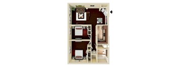 A 3D floor plan of a small apartment with a bedroom, living room, and kitchen.