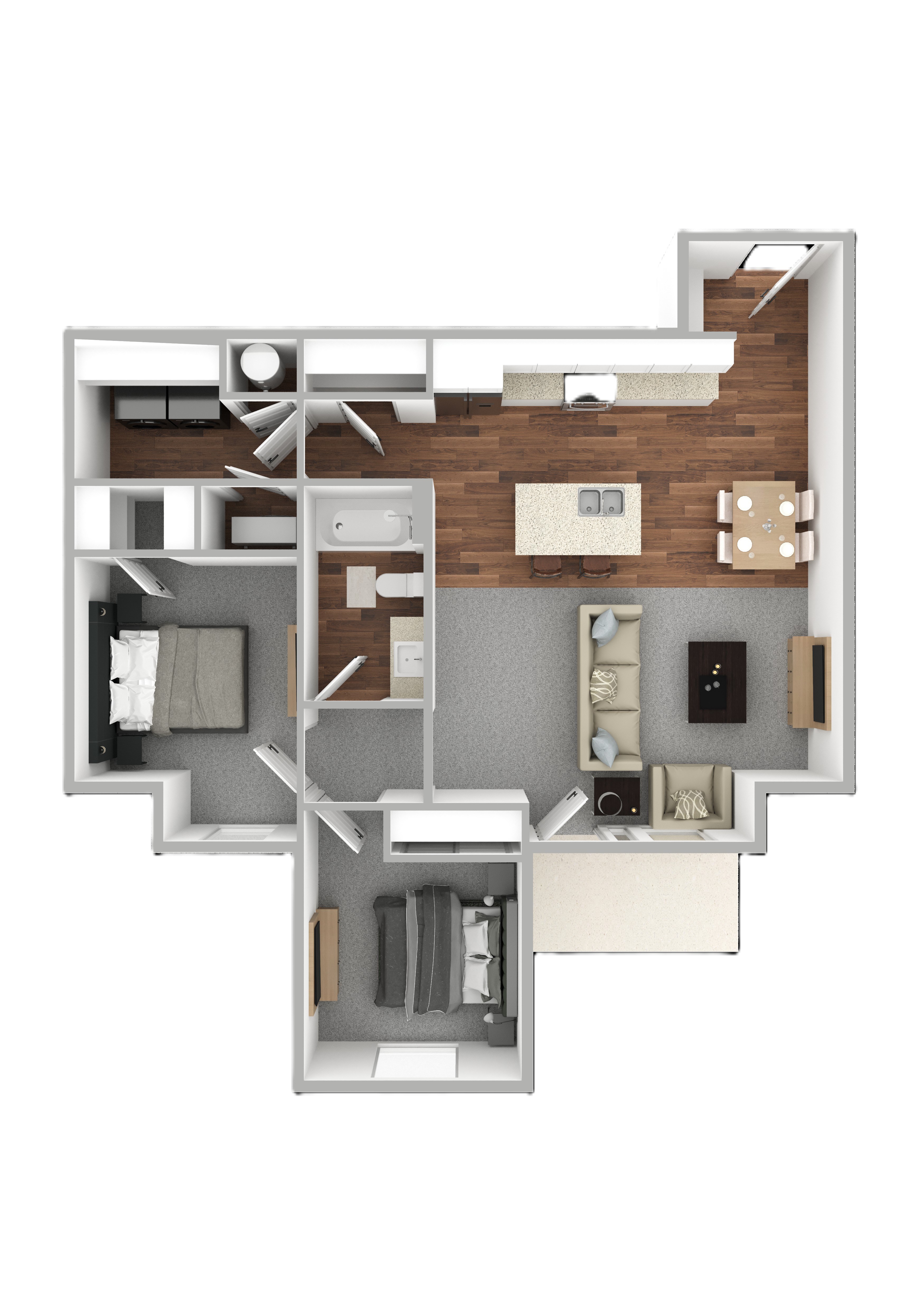 A 3D floor plan of a house layout.